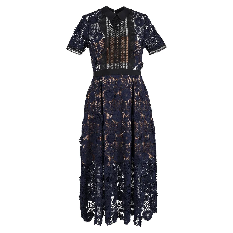 First Order Discount Self-Portrait Camilla Chiffon Midi Dress in Navy Blue Polyester