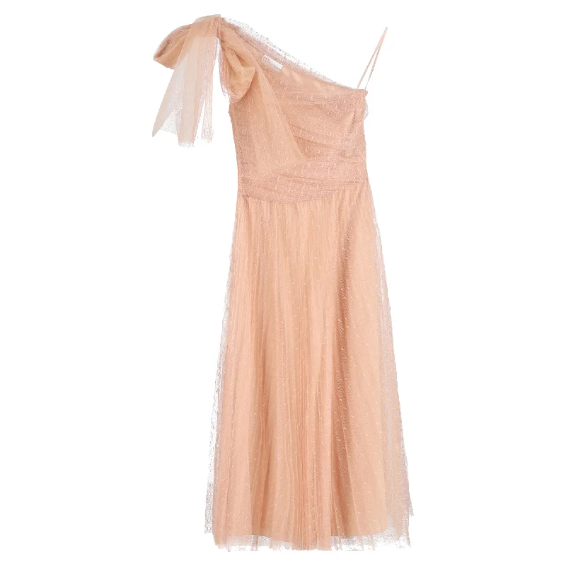 Chic Styles Red Valentino One-shoulder Pleated Point D'esprit Tulle Midi Dress In Beige Polyester