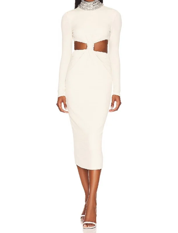 Parisian Effortless Chic Style Stretch Knit Midi Dress With Removable Beaded Collar In Bone