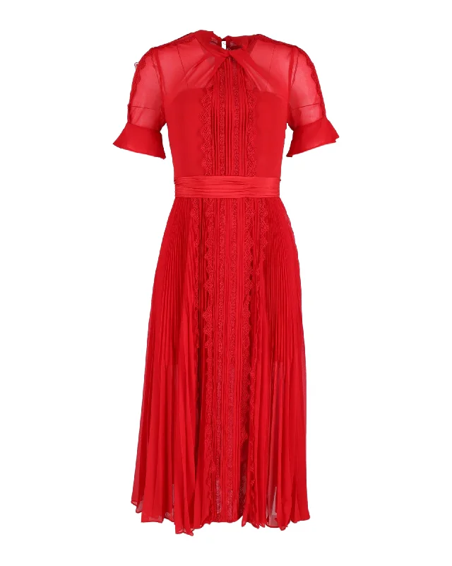 Spring Wardrobe Self-Portrait Pleated Midi Dress in Red Silk