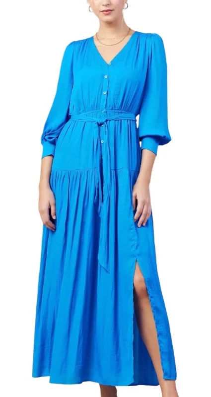 Style Upgrade Button Front Tiered Maxi Dress In Vivid Blue