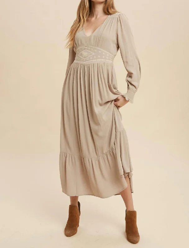 Limited Quantities Laura Embroidered Maxi Dress In Taupe