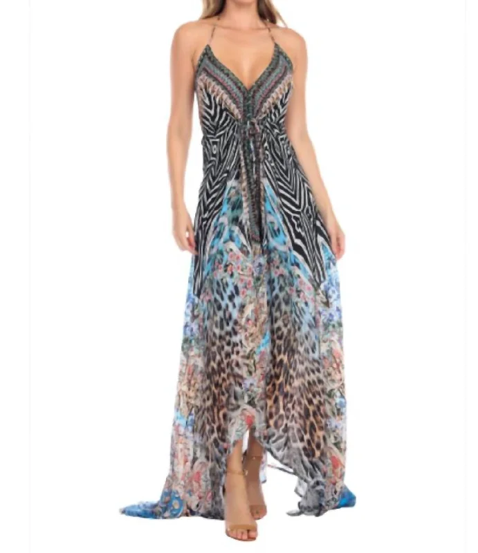 Limited - Stock Leopard Designer 3-Way Maxi Dress With Halter Neck In Blue