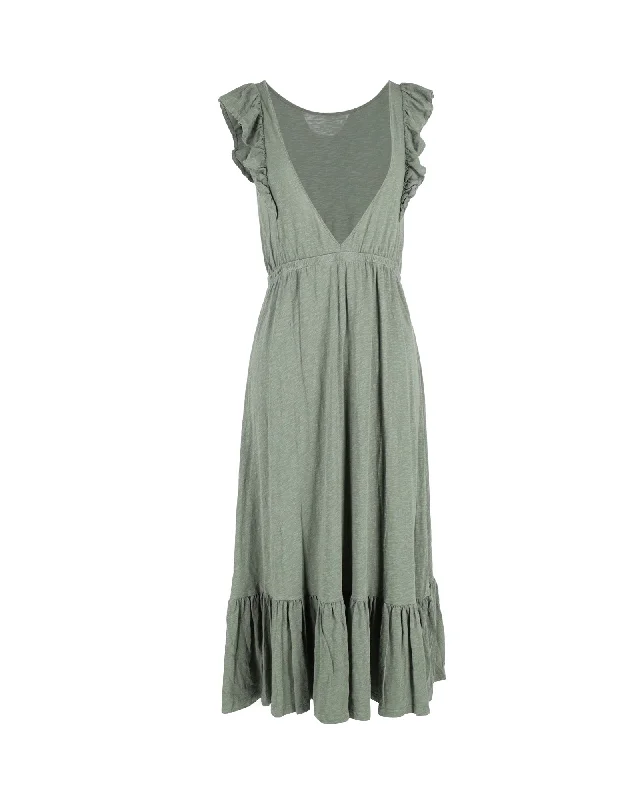 Style Upgrade Ba&Sh Gathered Ruffle-Trimmed Midi Dress In Khaki Cotton