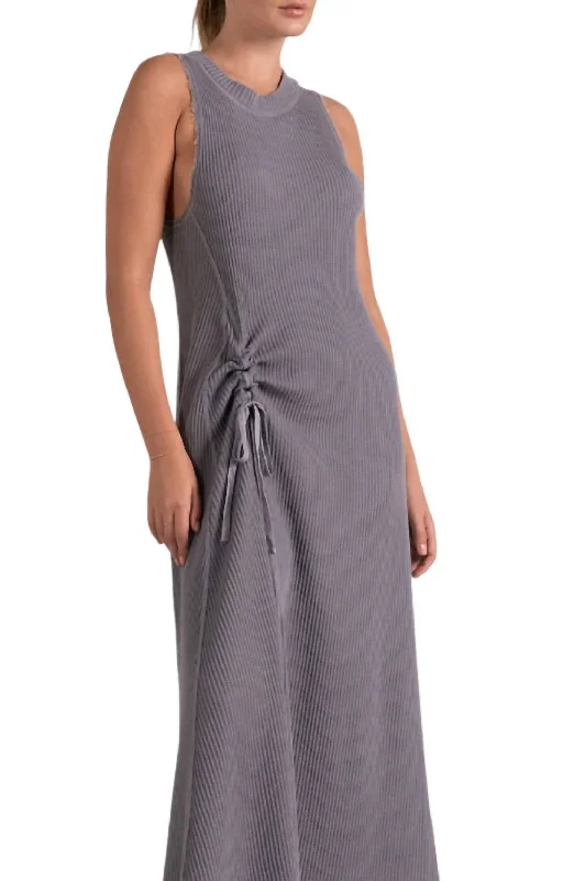 Cottagecore Rustic Charm Style Waffle Knit Cinched Maxi Dress In Gray