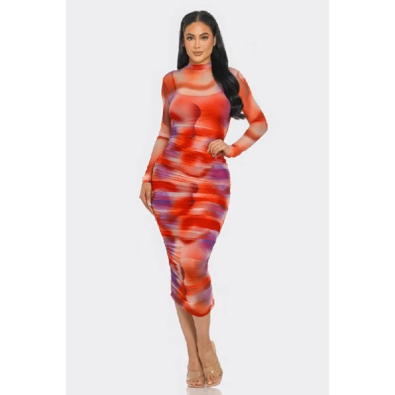 Limited-Time Offer Summer Heat Print Mesh Ruched Midi Dress