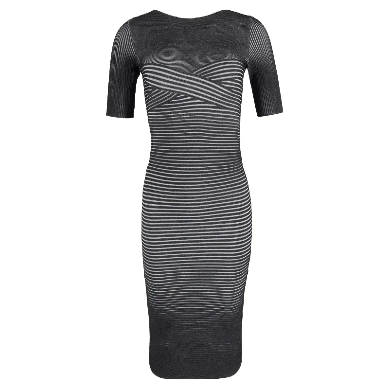 Seasonal Fashion Herve Leger Metallic Ribbed Bandage Midi Dress in Grey Polyester