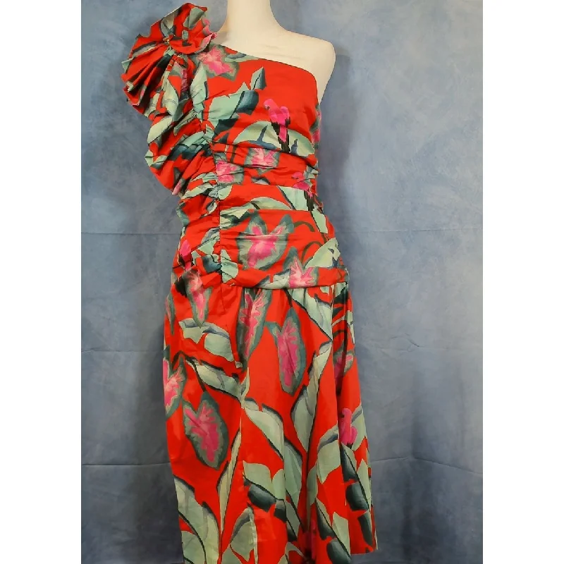 Mid - Season Sale - Farm Rio Summer Foliage One Shoulder Maxi Dress In Summer Foliage Red-Large