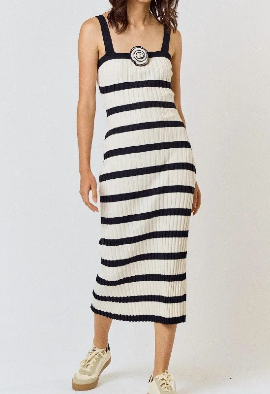 Day-To-Night Styles Rosette Striped Sleeveless Sweater Midi Dress In Cream/black