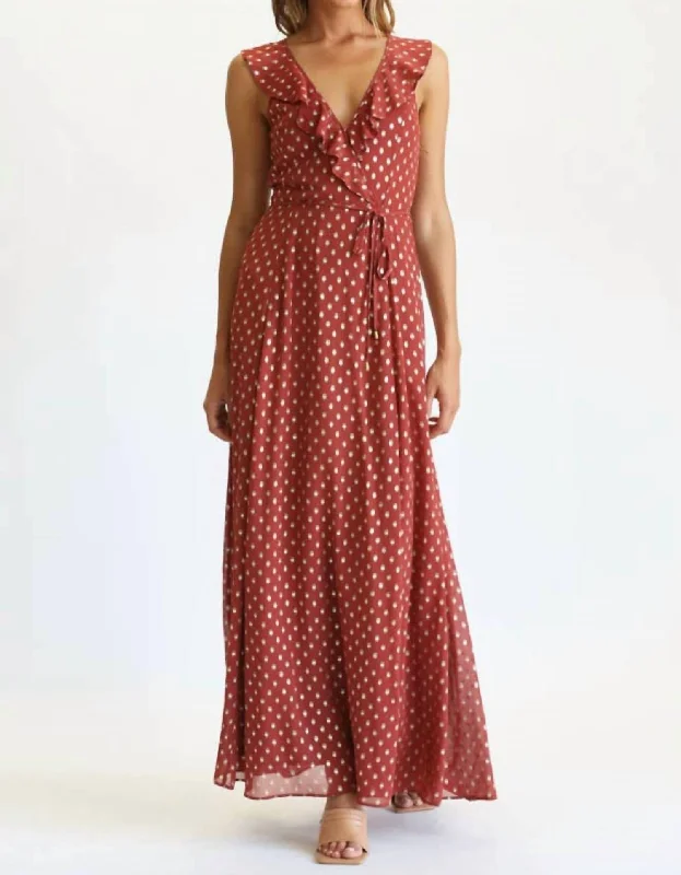 Last Chance Sale Polka Dot Ruffle Maxi Dress In Rust