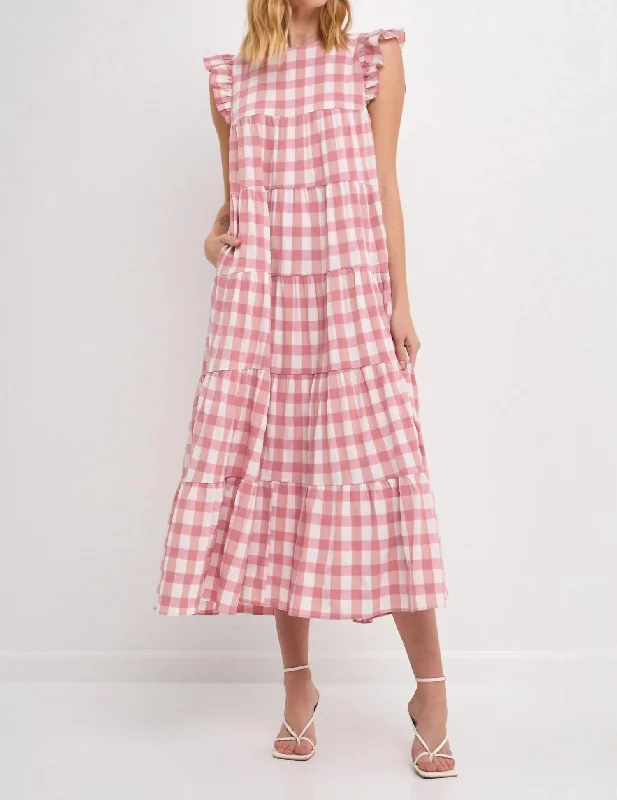 End Of Season Sale Sweet Gingham Tiered Maxi Dress In Pink