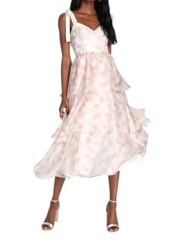 Special Offer Tie Straps Midi Dress In Ivory With Pink Flowers