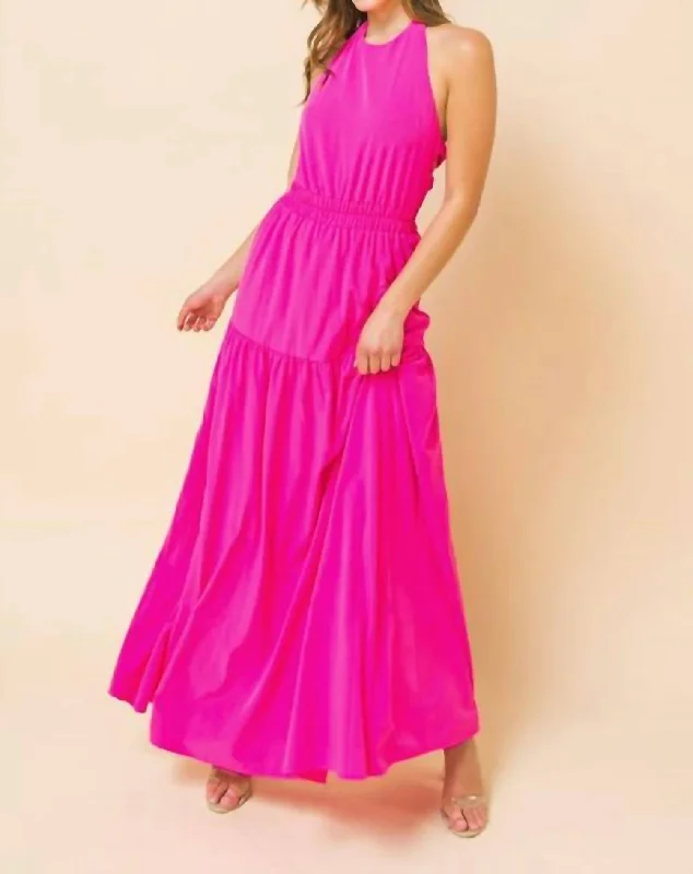 Seasonal Fashion The Paulina Halter Top Maxi Dress In Neon Pink