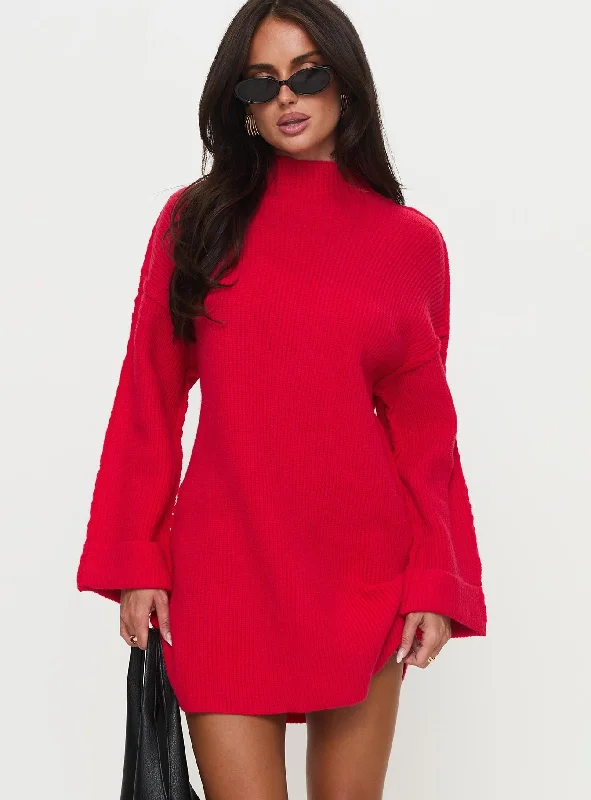 Elevate Your Wardrobe Weslie Long Sleeve Knit Mini Dress Red