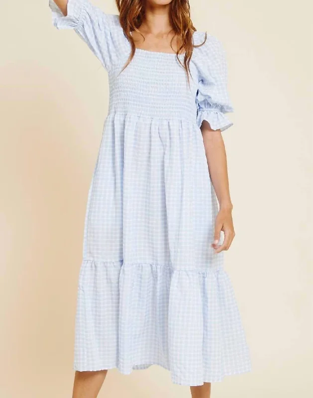 Final Clearance Gingham Smocked Midi Dress In Blue