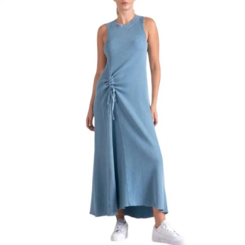 Latest Fashion Waffle Knit Cinched Maxi Dress In Blue