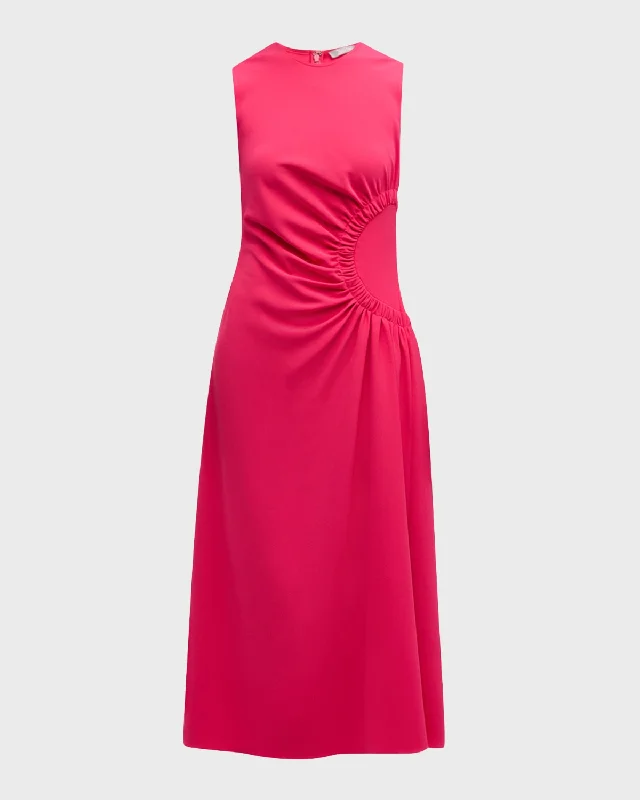 Score Big On Glamorous Red - Carpet Styles Sunburst Ruched-Side Sleeveless Midi Dress