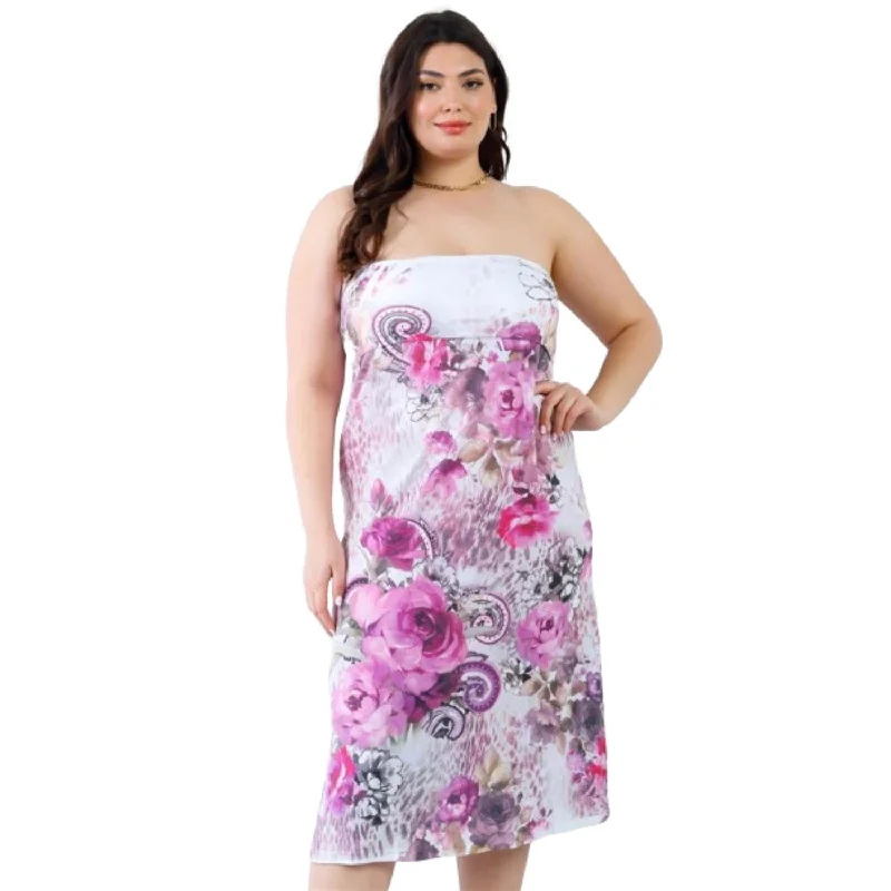 Disco - Inspired Retro Dance Look Plus Pink Flower Print Sleeveless Midi Dress