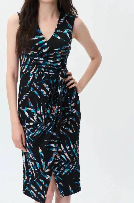 Elevate Your Wardrobe Leaf Pattern Midi Dress In Black Multi