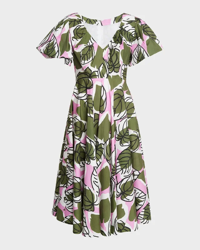 Early Access To Art Deco Styles Sale Leaf-Print Puff-Sleeve Fit-&-Flare Midi Dress