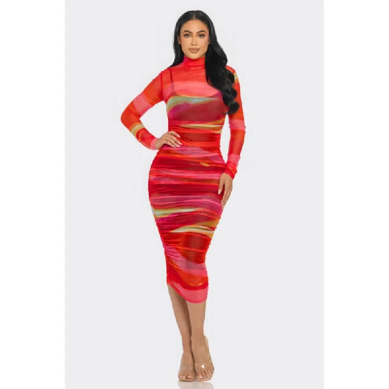 Save On Classic Elegant Styles Glitch Print Mesh Ruched Midi Dress