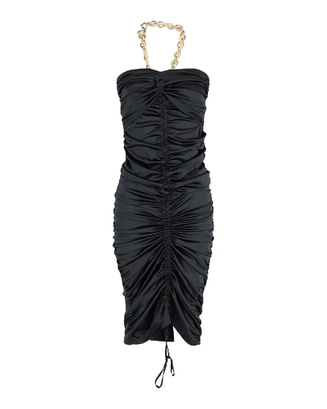 Wardrobe Essentials Dodo Bar Or Roxy Chain-Detail Ruched Midi Dress in Black Silk