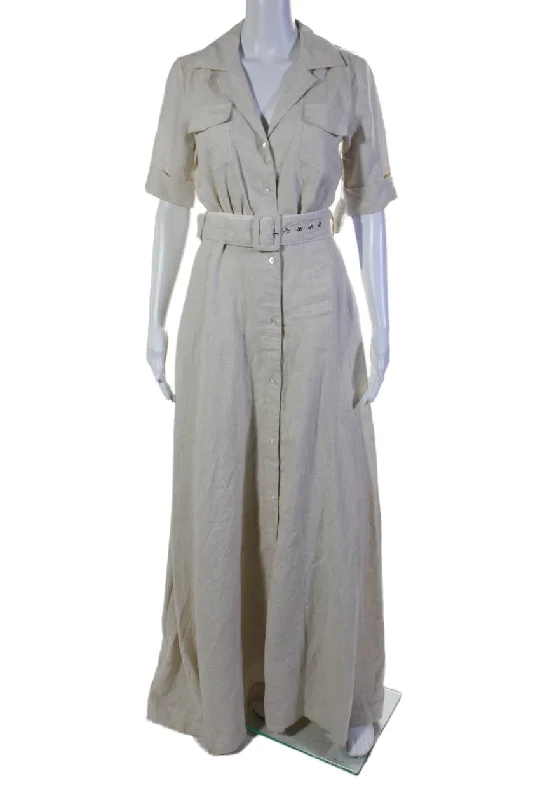 Discounts On Casual Weekend Styles Staud Womens Linen Short Sleeve Belted Buttoned A Line Maxi Dress Beige