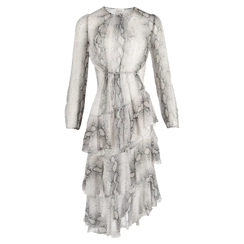 Spring Fashion Zimmermann Corsage Python-Print Tiered Midi Dress in Grey Silk