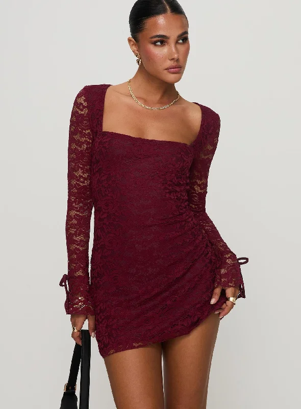 Budget-Friendly Fashion Lucianna Long Sleeve Lace Mini Dress Burgundy