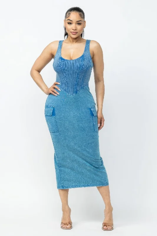 Coastal Beach - Inspired Style Acid Washed Cargo Midi Dress