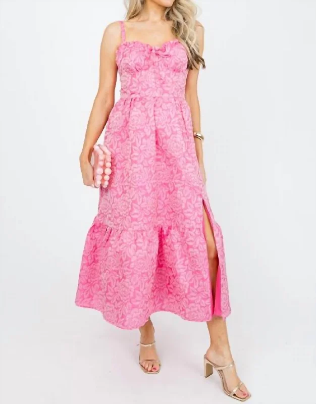 Coastal Beach - Inspired Style Rose Bustier Jacquard Midi Dress In Pink Mix