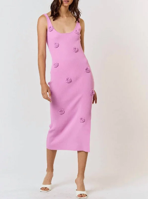 Seasonal Trends Rosette Ribbed Kit Sweater Midi Dress In Candy Pink