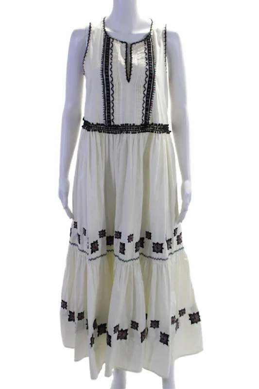 End - Of - Month Blowout Suno Women's Round Neck Sleeveless Embroidered Tiered Maxi Dress Cream