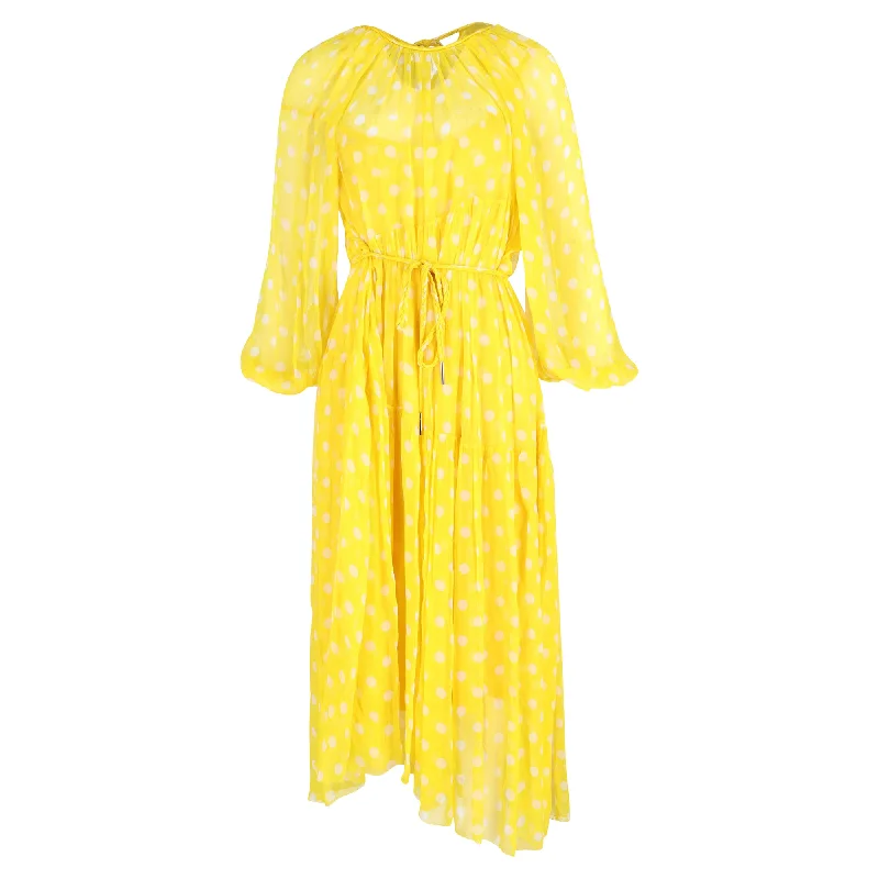 Rustic Countryside Charm Look Zimmermann Brightside Swing Asymmetric Polka-dot Midi Dress in Yellow Silk-Georgette