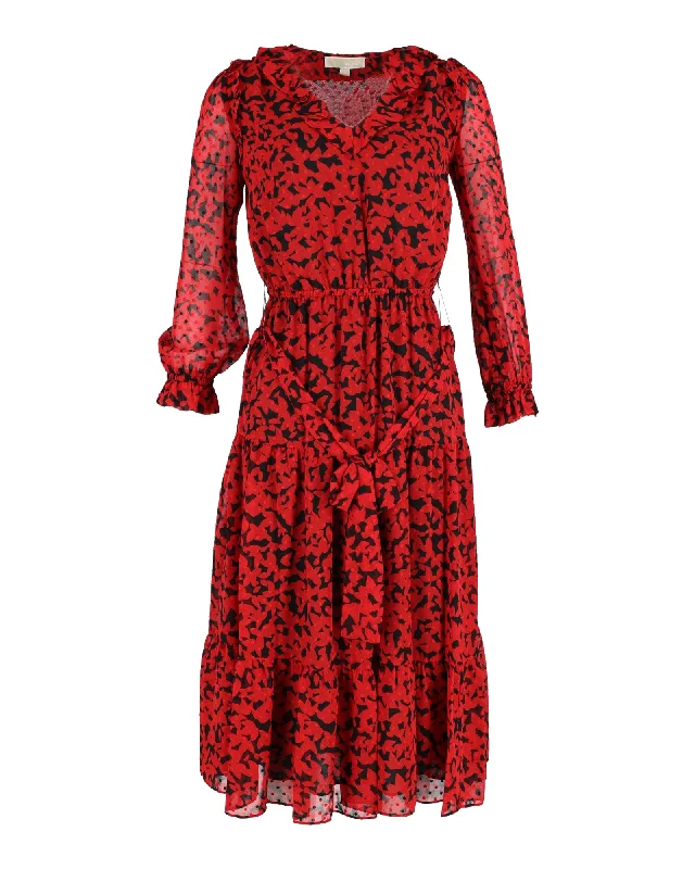 Seasonal Sale Michael Michael Kors Long Sleeve Printed Midi Dress in Red Polyester