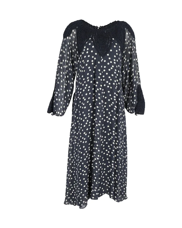 Fashion Deal Rixo London Irene Crochet-Paneled Polka Dot Midi Dress in Navy Blue Viscose