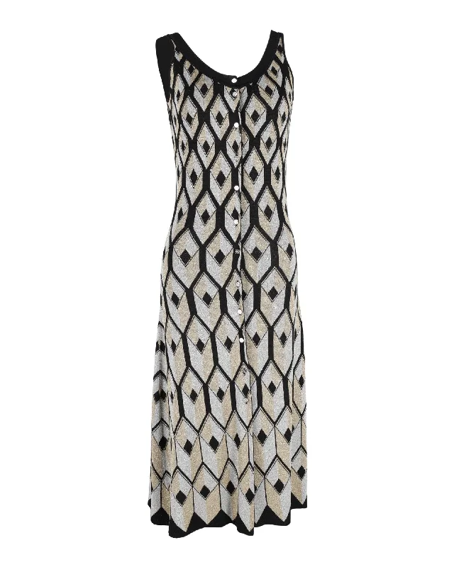 Fashion For Every Occasion Paco Rabanne Geometric-Intarsia Metallic-Weave Midi Dress In Multicolour Viscose