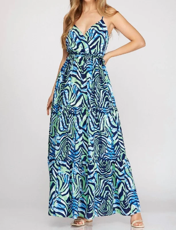 Father'S Day Deals Surplice Cami Printed Woven Tiered Maxi Dress In Navy