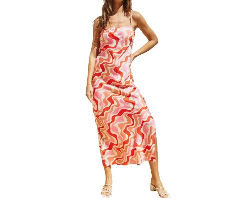 Hollywood Glam Award - Show Style Groovy Draped Midi Dress In Coral Multi