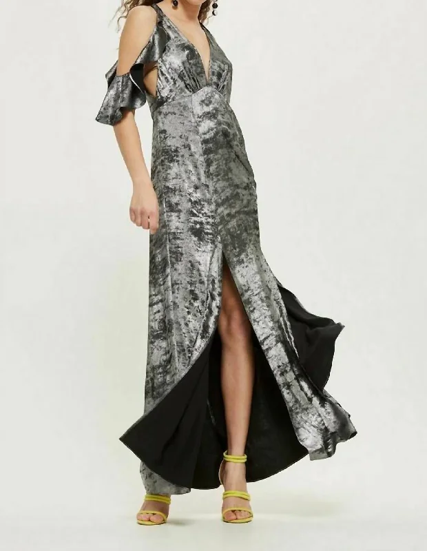 Chic Styles Foil Shimmer Maxi Dress In Silver