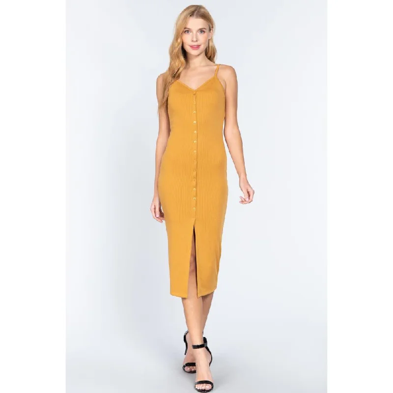 Stylish Looks Fron Button Slit Rib Cami Midi Dress