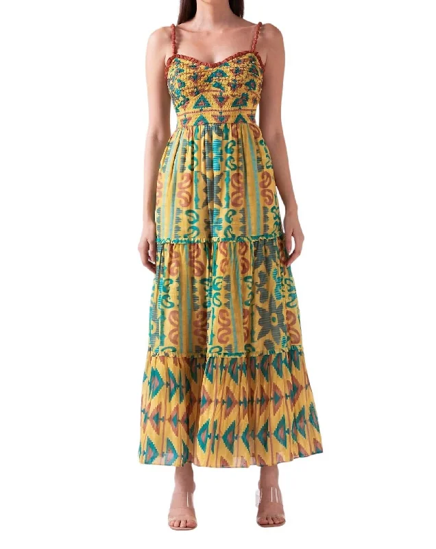 Limited-Time Offer Savari Beaded Strap Smocked Midi Dress In Yellow Teal