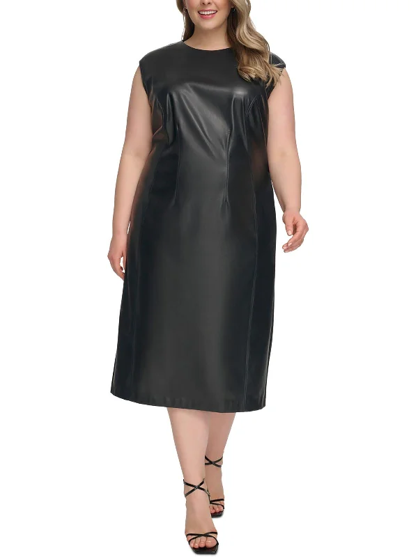 Hot Styles Plus Womens Faux Leather Sleeveless Midi Dress