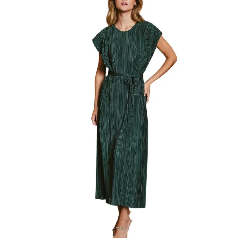 Best-Sellers Micro Pleat Cap Sleeve Maxi Dress In Midnight Green