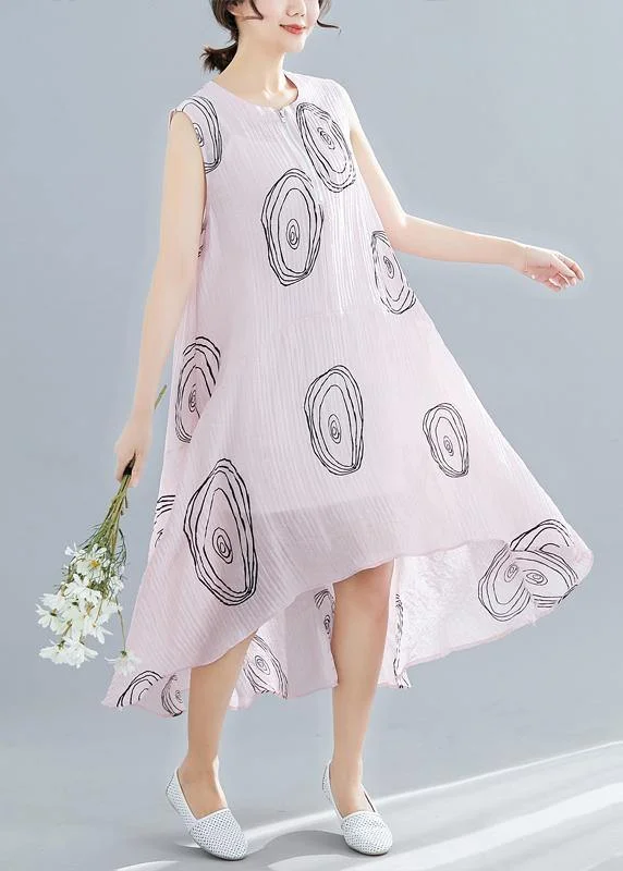 Limited - Stock DIY sleeveless low high design linen Tunics Work Outfits pink print Dresses summer