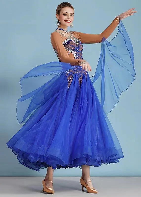 Latest Trends Fitted Royal Blue Zircon Tulle Patchwork Dance Dress Long Sleeve