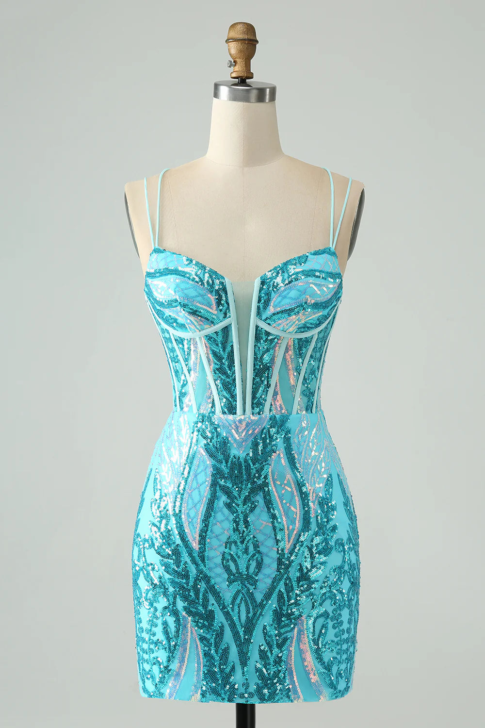 Cottagecore Rustic Charm Style Amzcw Gorgeous Blue Bodycon Spaghetti Straps Corset Homecoming Dress with Sequins