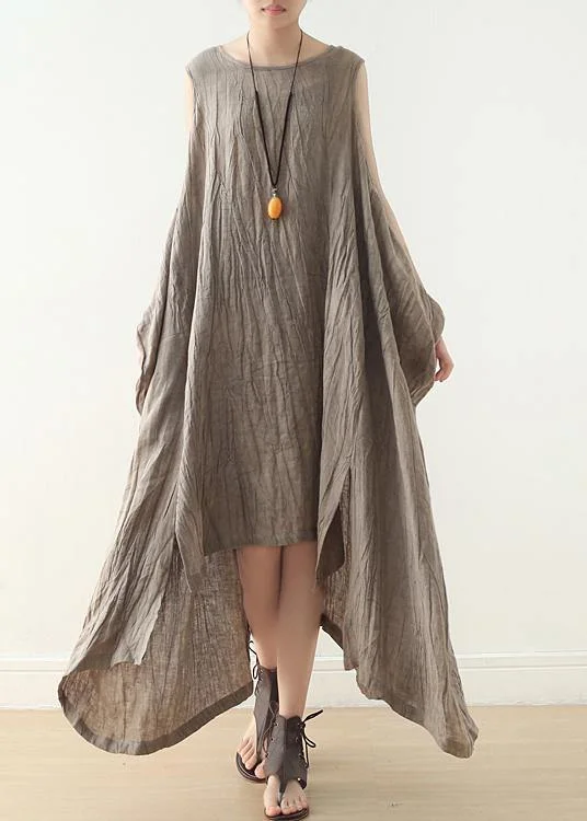 Limited - Time Bundle Women Khaki Asymmetrical Summer Sleeveless Linen Dress