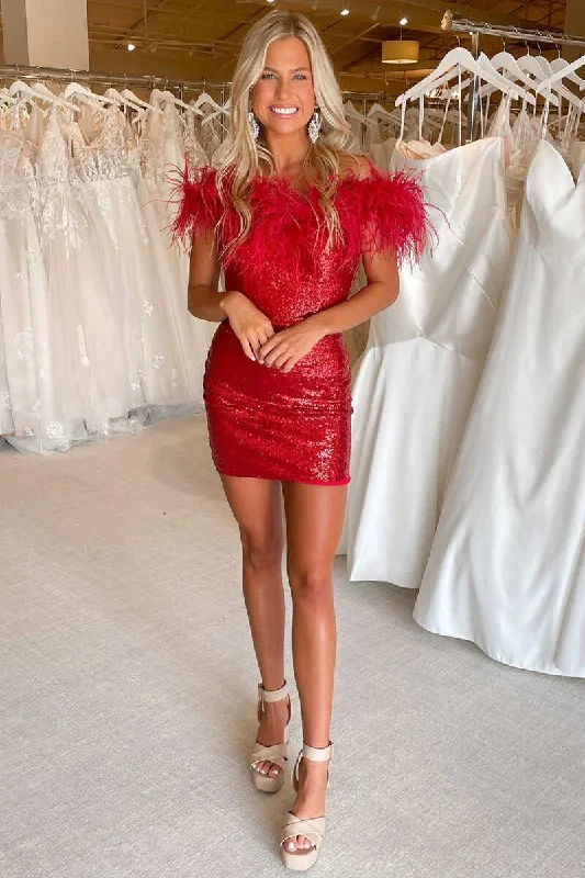 Anniversary Sale Red Off-the-Shoulder Feathered Bodycon Mini Homecoming Dress