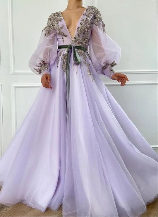 Save On Inspired Styles Long Sleeves purple Evening Dress Prom Gown   cg23523